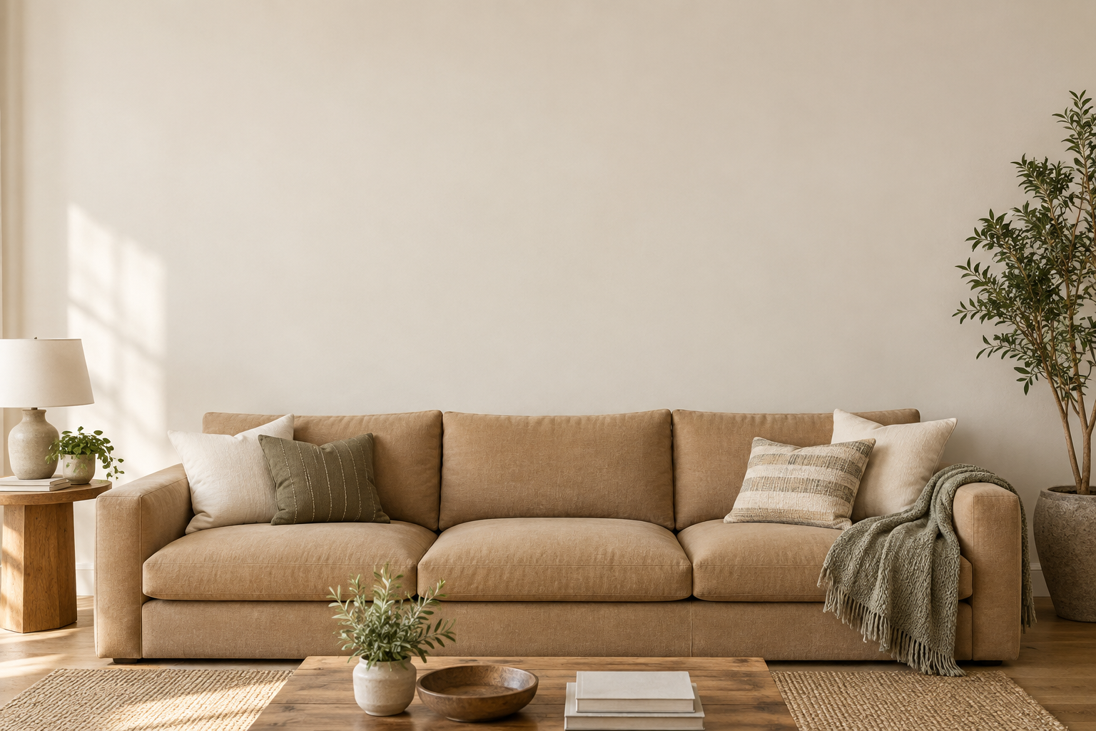 A sunlit living room with a tan sofa